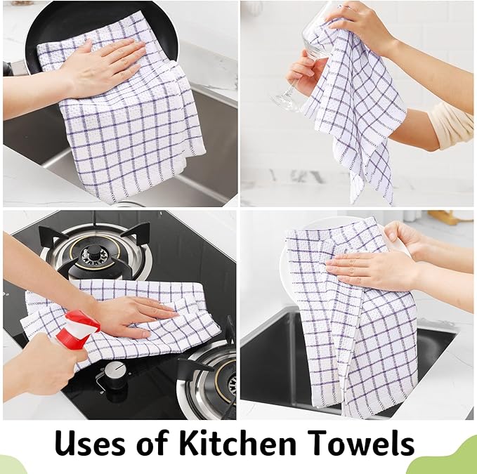 Homaxy 100% Cotton Kitchen Towels 4 Pack-15 X 25 Inches, Check Design Waffle Weave Hand Tea Towels, Super Soft and Absorbent Dish Towel for Drying Dishes, Purple