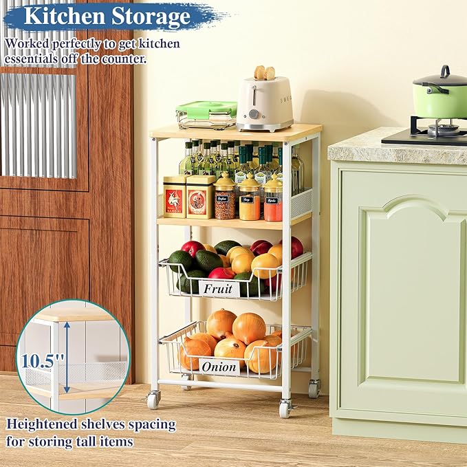 OKZEST 4 Tier Rolling Cart with Drawer Baskets, Metal Utility Storage Cart with Wheels and Wood Top for Living Room, Kitchen, Home Office, Bedroom, Pantry, Baby Essential, Craft, Snack, Makeup, White