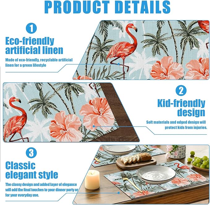Flamingo Floral Palm Placemats Set of 6, Tropical Flower Tree Washable Linen Place Mat Heat Resistant Non Slip Kitchen Dining Table Mats 12x18 Inch
