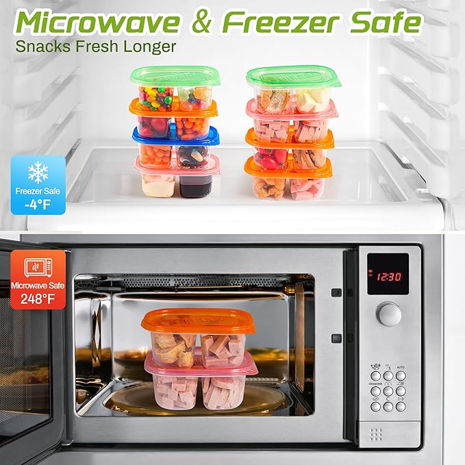 ALFEVA 20Pcs Reusable Snack Containers with Lids Portion Control, Meal Prep Containers for Kids Adults, 10 Forks, Double Compartment Snack Containers for Travel - Camping Essentials (4 Color)