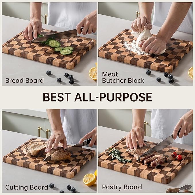 Checkerboard Cutting Boards for Kitchen, Acacia Wooden Cutting Board, End Grain Chopping Board with Juice Groove, Serving Tray for Meat, Vegetables, Fruits, Bread, Cheese, 14" X 11" X 0.8"