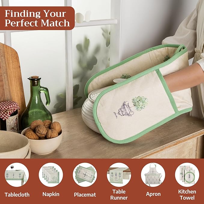Maison d' Hermine Double Oven Mitts 100% Cotton 7"x35" Double Oven Mitt Heat Resistant BBQ Cooking Gloves with Loop Baking Grilling Gifts for Mothers Day Spring Summer (Jardin Du Roy)