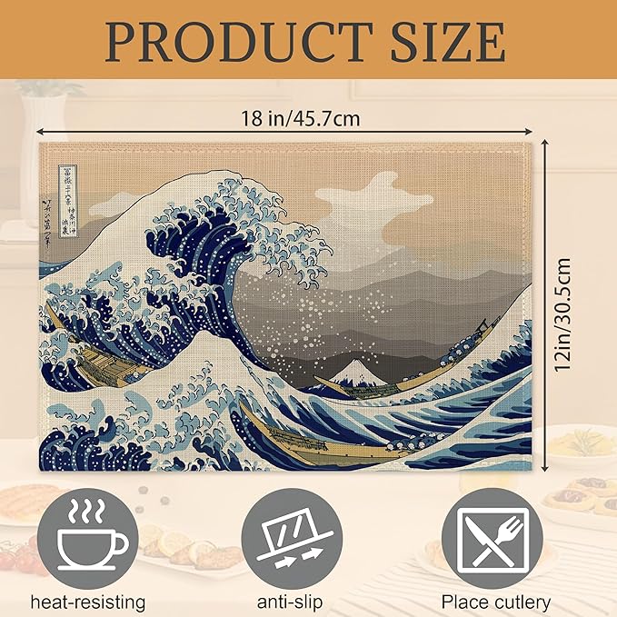 Japanese Style Waves Placemats Set of 6,Washable Heat Resistant 12×18 Inch Linen Table Mats,Place Mats for Party Outdoor Dining Décor