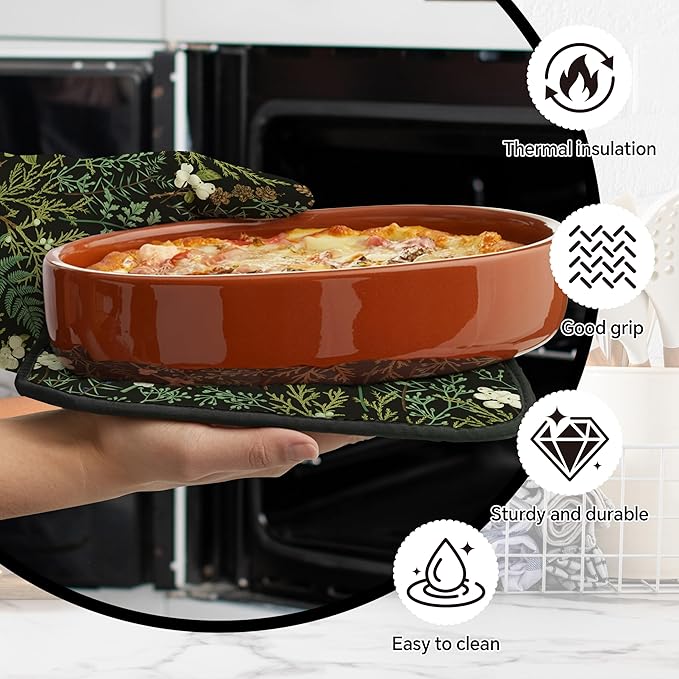 Botanical Print Floral Oven Mitts and Pot Holders Sets Black Sage Green Leaves Kitchen Oven Gloves Hot Pads Farmhouse Potholders and Kitchen Mitts 4Pcs for Baking Cooking BBQ (Black)