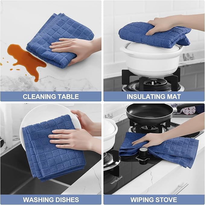 Homaxy Premium Cotton Kitchen Towels 16"x 28", Large Natural Ring Spun 390 GSM Dish Towels, Super Absorbent Terry Kitchen Hand Towels, Soft Tea Towels with Hanging Loop, Pure Navy Blue Design, 12 Pack