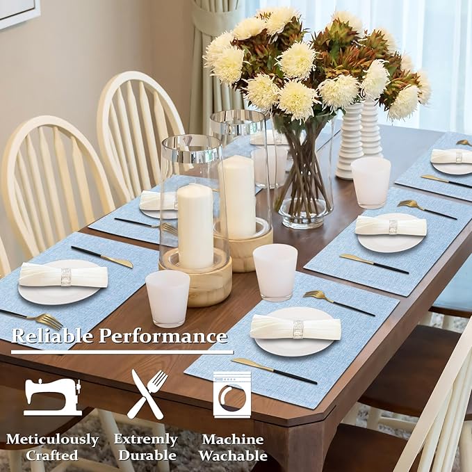 Cloth Placemats Set of 6, Cotton Linen Blend Machine Washable Double Layered Place Mats, Heat Resistant Placemats Wrinkle Free Thick Fabric Dining Table Mats for Indoors & Outdoors (Light Blue, 6)