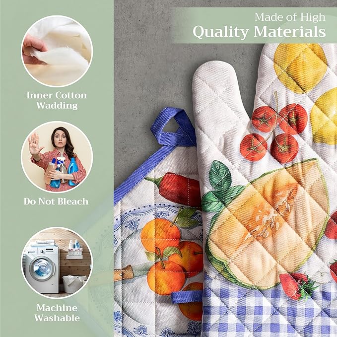 Maison d' Hermine 100% Cotton Oven Mitt & Pot Holder Set (7.5"x13" & 8"x8") Heat Resistant BBQ Cooking Gloves with Loop Baking Grilling Kitchen Gifts for Mothers Day Spring/Summer (Gourmand)