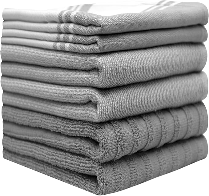Premium Kitchen Towels (20”x 28”, 6 Pack) | Large Cotton Dish Towels | Flat & Terry Highly Absorbent Kitchen Linen Set with Hanging Loop | Wide Stripe Grey
