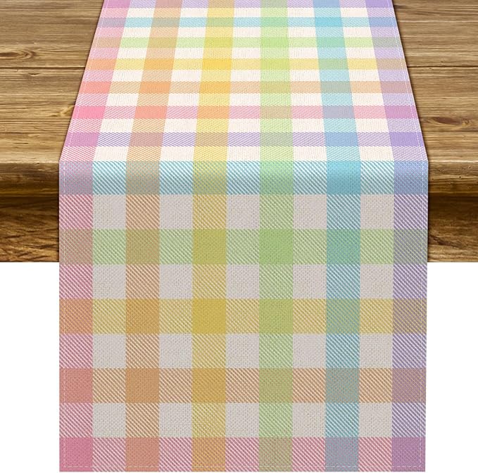 Pudodo Easter Buffalo Plaid Check Table Runner Spring Holiday Farmhouse Fireplace Kitchen Dining Room Home Party Decoration (13" x 72")