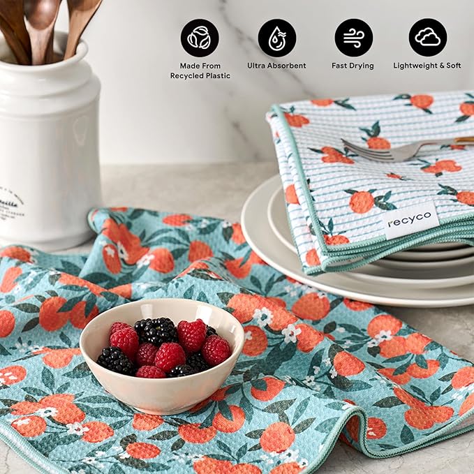 RECYCO Waffle Kitchen Towel Set of 2 - Quick Dry Microfiber Sustainable Dish Towels - Ultra Absorbent Reusable Cleaning Tea Towels - Lightweight Hand Towels,16”x 28”, Clementine Grove