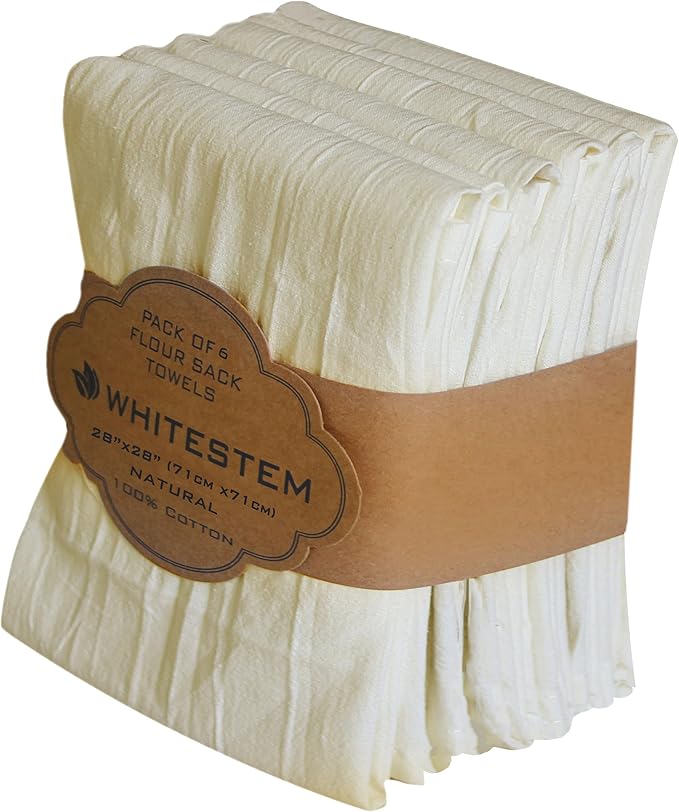 Flour Sack Towels | Tea Towel for Crafts | Kitchen | Dish | Cotton Blank Towel for Embroidery | Baking Bread Proofing Linen Cover | Thick Absorbent Quick Dry | 6 Pack 28"x28" Natural