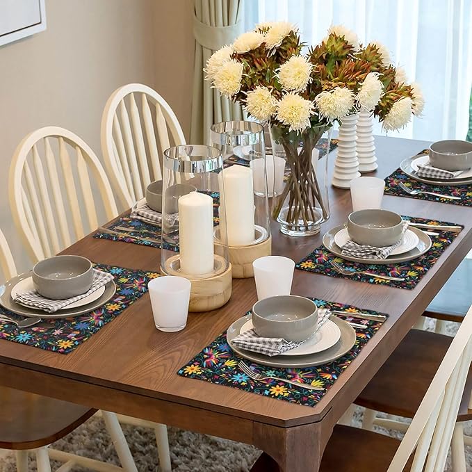 Mexican Folk Art Linen Placemats Set of 4, 12" x 18" Heat Resistant Washable Cute Kitchen Place Mats for Dining Table Fiesta Party FarmhouseCoffee Shop, Boho Home Decor & Gift for Cultural Art Lovers