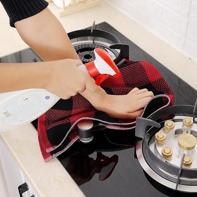 Homaxy 100% Cotton Waffle Weave Check Plaid Kitchen Towels, 13 x 28 Inches, Super Soft and Absorbent Dish Towels for Drying Dishes, 6-Pack, Black & Red