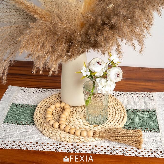 FEXIA Sage Green Boho Placemats Set of 4, Macrame Table Decor and Farmhouse Style Placemats Natural Cotton Burlap, for Dining Table