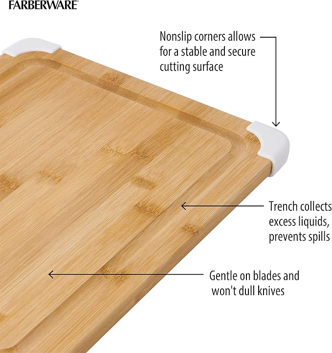 Farberware Nonslip Bamboo Cutting Board with Juice Groove, 11x14 Inch, White