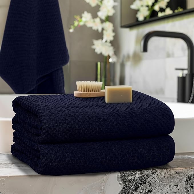 COTTON CRAFT Waffle Bath Sheets - Luxurious 2 Pack Euro Spa Waffle Weave Bath Sheets - Large 100% Ringspun Cotton Bath Towels - Absorbent Quick Dry Bathroom Towel Set - Oversized 35 x 70 inches - Navy