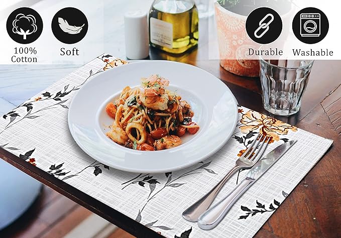Ruvanti Placemats 100% Cotton 13x19 Inch, Dining Table Placemats Set of 6, Modern Place Mats for Dining Table Decor, Kitchen & Table Linens, Coffee Mat for Christmas Dinners - Grey Floral