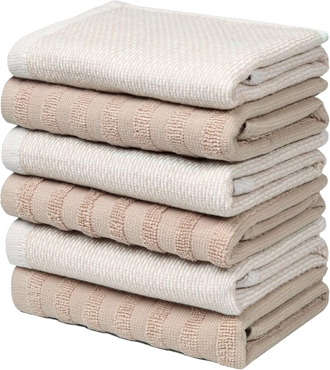 Bumble Premium Dish Cloths 13"x13" (6 Pack) | 100% Natural Ring Spun Cotton | 400 GSM | Highly Absorbent & Soft |Yarn Dyed & Solid Dyed Terry Dish Cloth Set - Tan
