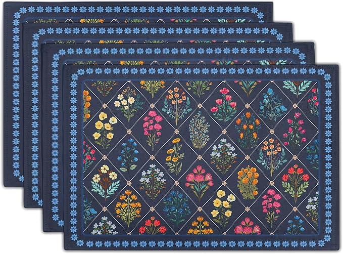 Dark Blue Flowers Placemat Set of 4 Wildflower Printed Place Mats for Women