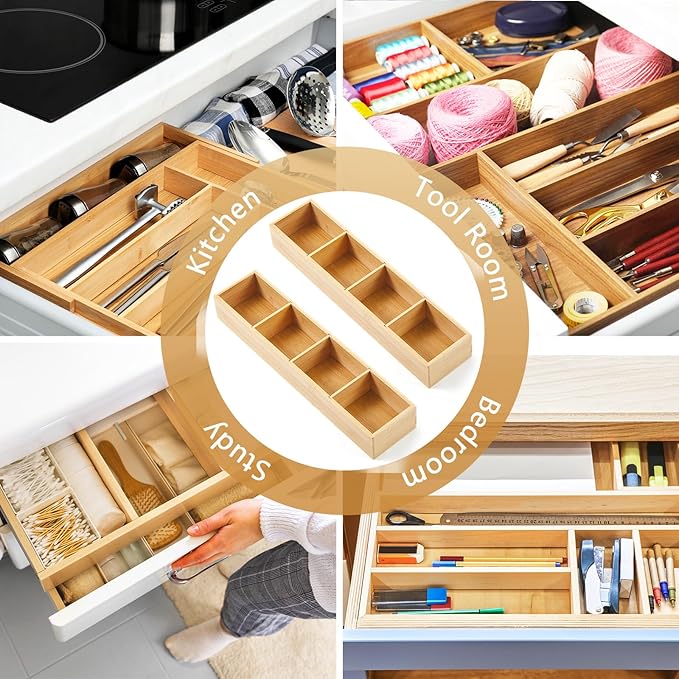 Hushee 2 Pcs Bamboo Drawer Organizer with 3 Removable Dividers 17.5 x 4 x 2.5 Inch Bamboo 4 Compartment Organizer Tray for Bathroom Kitchen Tableware Office Supplies Cosmetics Classification