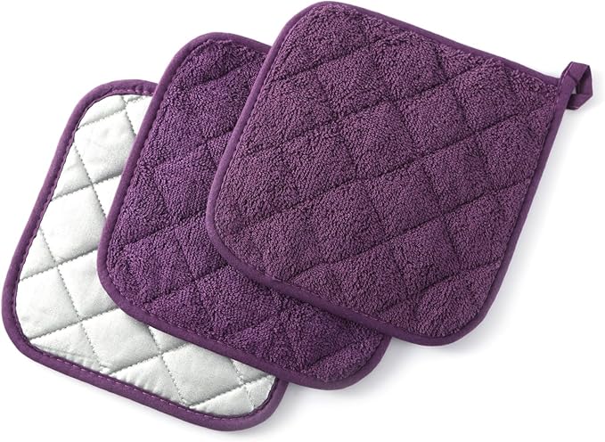 100% Cotton Basic Terry Collection Quilted，Pot Holder for Cooking and Baking，3 Piece. (French Blue)