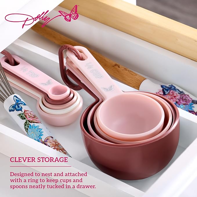 Dolly Parton Measuring Cups and Spoons Set, Pink with Butterfly Accents, Easy-Read Markings, Nesting Design with Ring, 1/4 tsp to 1 Cup, Baking and Cooking Essential, 9 Piece
