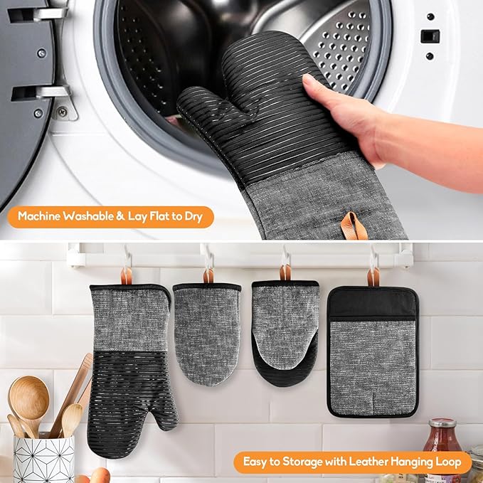 TIPTAP Kitchen Oven Mitts 4pcs Set- Non-Slip Cotton Oven Mitt & Pot Holders – Heat Resistant, Durable & Machine-Washable -One Long Mit, Two Mini Oven Mitts & One Pot Holder (Black)