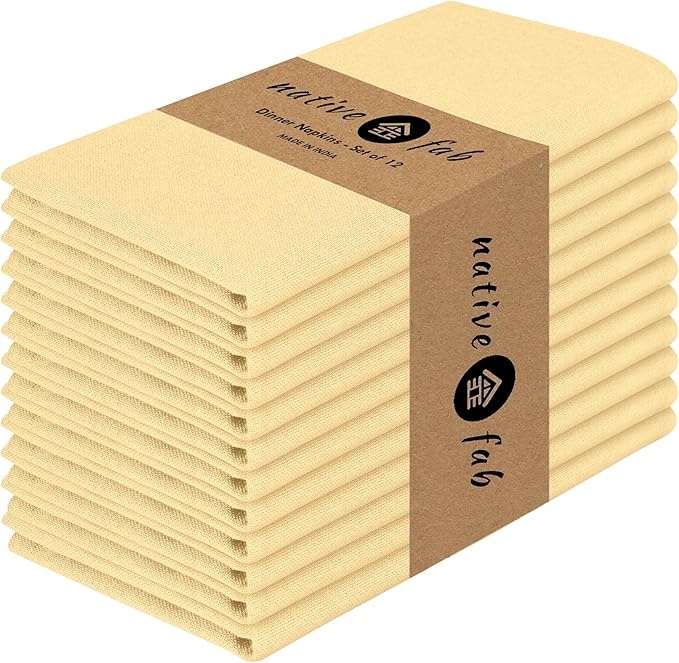 Native Fab Pale Yellow Easter Cloth Napkins Set of 12 Bulk - 100% Cotton Spring Dinner Napkin 17 x 17 - Soft, Absorbent, Washable Fabric Cloth for Garden Brunch, Tea Parties, Baby Showers, Weddings