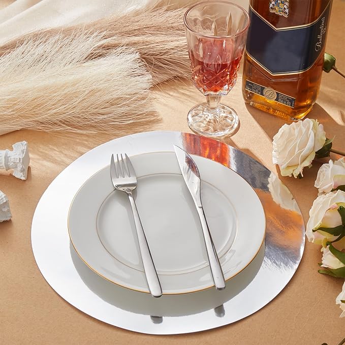 Tioncy 50 Pcs Silver Round Paper Placemats Decorative Disposable Placemats Table Mats for Dining Wedding Table Decoration Home Banquet New Years Festive Party Birthday Holiday