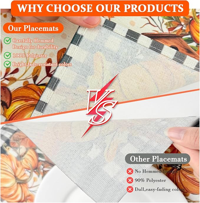 Bloss Thanksgiving Placemats Set of 4 Pumpkin Leaves Fall Placemats,Autumn Decorations Clearance,12x18Inch Plaid Place Mats,Thanksgiving Kitchen Dining Table Place mats for Fall Decorations