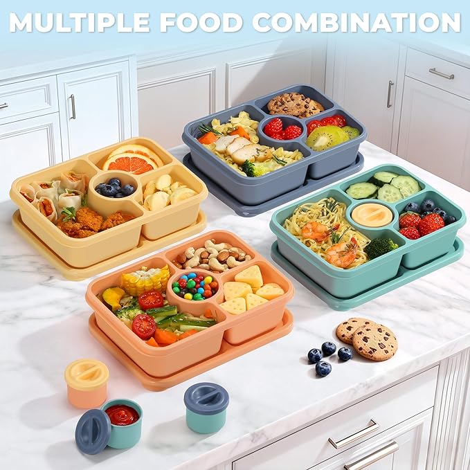 Bento Snack Box Containers, Reusable Meal Prep Lunch Containers for Adults Kids, Stackable Bento Snack Box 4 Pack, Divided Lunchable Food Storage Containers with Sauce Container, Orange Yellow