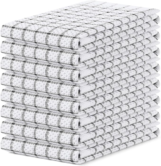 Homaxy 100% Cotton Kitchen Towels 8 Pack-15 X 25 Inches, Check Design Waffle Weave Hand Tea Towels, Super Soft and Absorbent Dish Towel for Drying Dishes, Black