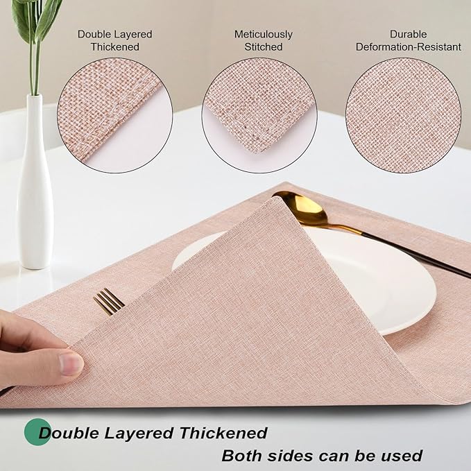 Cloth Placemats Set of 4, Cotton Linen Blend Machine Washable Double Layered Durable Place Mats Heat Resistant Placemats Wrinkle Free Thick Fabric Dining Table Mats (Light Linen, 4)