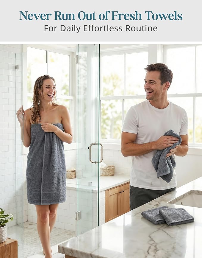 Casa Platino Premium Cotton Towels Set for Bathroom - 8 Pc Value Pack - Mercerized, Soft & Quick Dry - 2 Bath, 4 Washcloths, 2 Hand Towels - Oeko TEX Certified, Tumble Dry Safe & Durable - Cool Grey