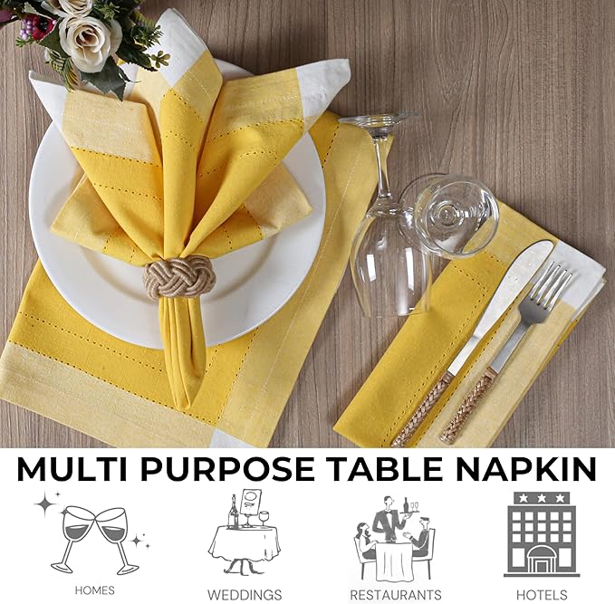 Homidate Cotton Cloth Napkins Set of 12 – 20x20 Yellow Multi Double Hemstitched – Machine Washable Fabric Dinner Napkins for Weddings, Parties & Table Settings