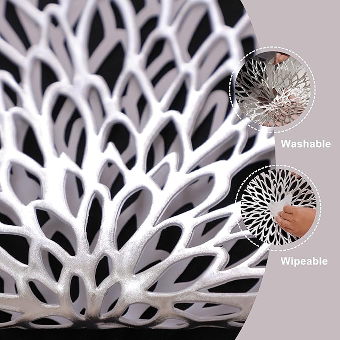 Snowkingdom 12 Pack of Silver Placemats Metallic Vinyl Dinning Table Mats, Round Flower Charger Plates Decoration Bulk for Winter Holiday Christmas Thanksgiving Party