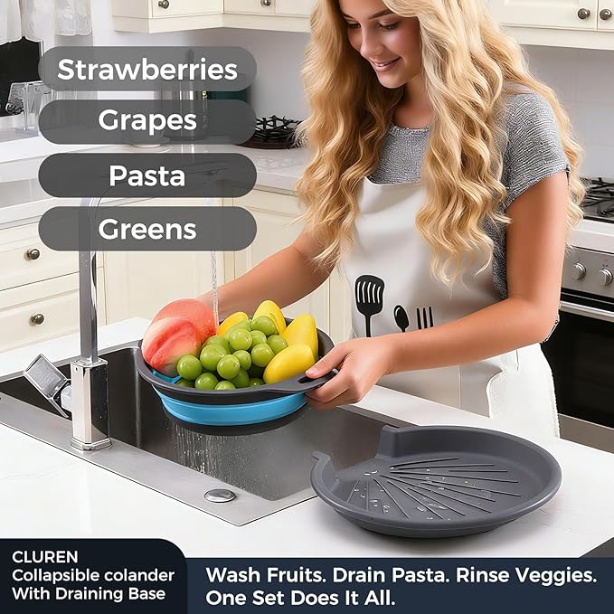 Collapsible Colander Set with Oversized Draining Tray | 3-Pack Foldable Kitchen Strainers + Base | Space Saving for Pasta, Veggies, Fruit & Rice | 5 Colors (Gray-Blue-Red-Green)