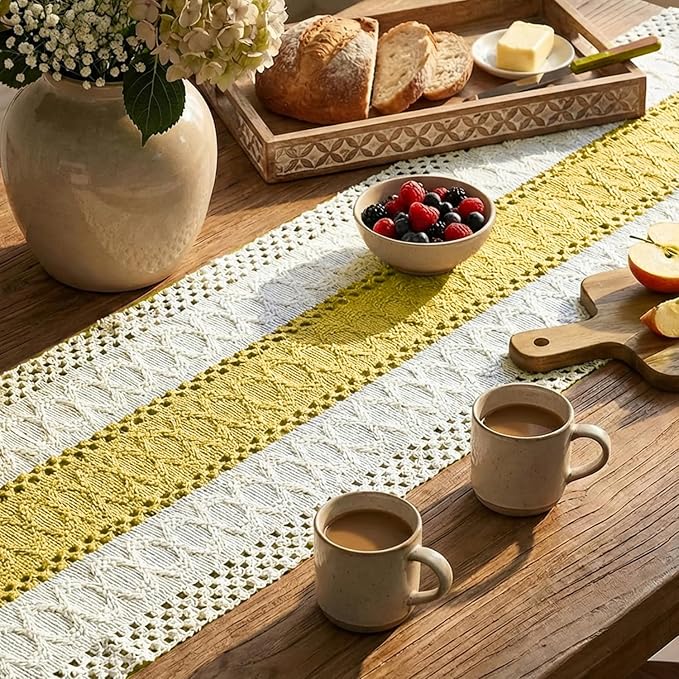Artoid Mode Yellow Farmhouse Rustic Table Runner, Seasonal Holiday Hollow Kitchen Dining Table Decoration for Home Party Decor 12x72 Inch