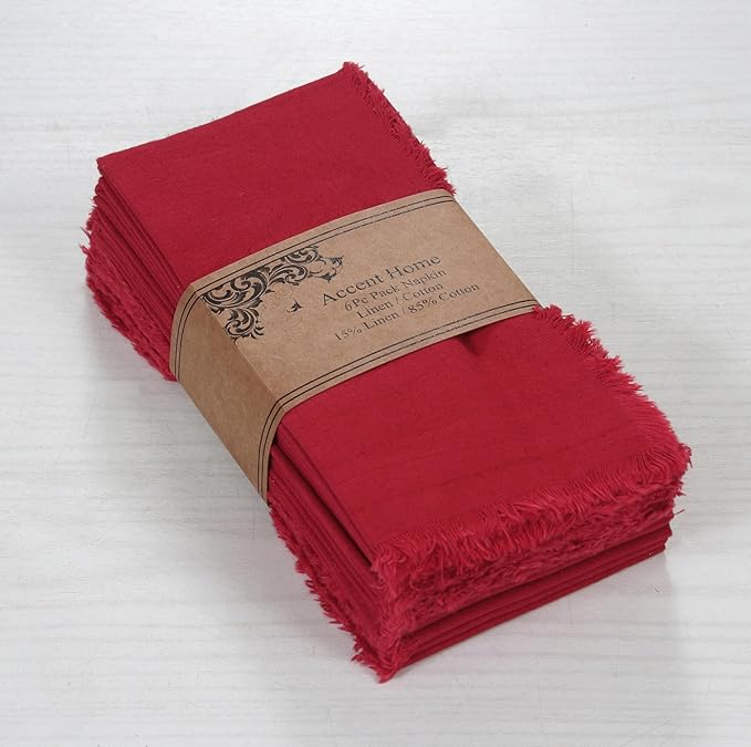 ACCENTHOME Red Cotton Linen Napkin Set of 6 - 18x18 inch Dinner Napkins - Washable Soft Premium Hotel Quality Reusable Napkins Perfect for Family Dinners, Weddings & Everyday Use