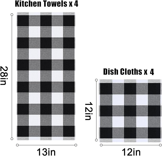 Homaxy Kitchen Towels and Dishcloths Set, 12 x 12 and 13 x 28 Inches, Set of 10 100% Cotton Waffle Weave Check Plaid Kitchen Dish Towels, Super Soft and Absorbent Dish Cloths, White & Black