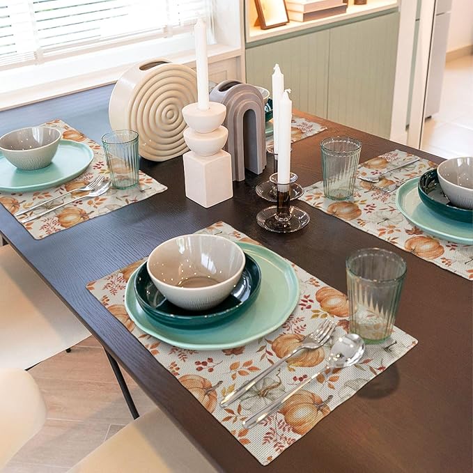 Fall Placemats Set of 4 Orange Grey Pumpkin Leaves Floral Decor Place Mats 12x18 Inch Autumn Leaf Harvest Thanksgiving Decorative Linen Table Mats for Home Kitchen Dining Party Table Decoration