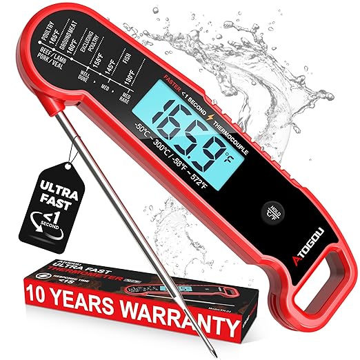 Atogou Meat Thermometer, Professional Food Thermometer, <1 Sec Instant Read, ±0.5℉ Accuracy, Thermocouple Sensor, Waterproof Digital Thermometer for Cooking, BBQ, Grill, Him Dad Birthday Gifts, Red