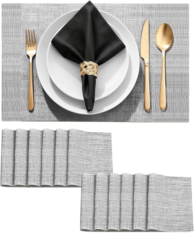 Durable Vinyl Placemats Set of 12, Non-Slip for Dining Table Mat, Heat Resistant Place Mats, Washable Anti-Slip PVC Easy to Clean Wipeable Premium Plastic Mats for Kitchen Grey