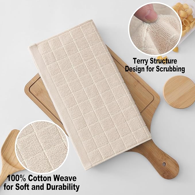 Homaxy 100% Cotton Terry Kitchen Dish Cloths, Ultra Soft and Absorbent Dish Towels for Kitchen, Suitable for Drying and Washing Dishes, 4 Pack, 12 x 12 Inches, Beige