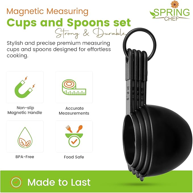 Spring Chef Magnetic Measuring Cups and Spoons Set of 9, Nesting Kitchen Tool with Easy to Read Markings for Measuring Dry or Liquid Ingredient, BPA Free, Black