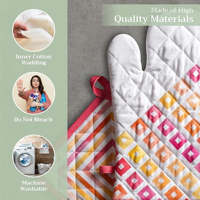 Maison d' Hermine 100% Cotton Oven Mitt & Pot Holder Set (7.5"x13" & 8"x8") Heat Resistant BBQ Cooking Gloves with Loop Baking Grilling Kitchen Gifts for Mothers Day Spring/Summer (Summer Maze)