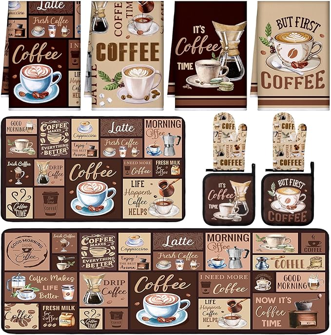 Fourluoo 10 Pcs Coffee Kitchen Decor and Accessories Coffee Oven Mitts and Pot Holders Set Dish Towels Farmhouse Kitchen Decor Vintage Brown Gloves for Chef Baking Cooking Grilling BBQ Women Gift