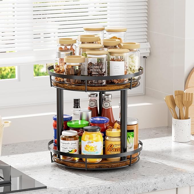 LAMU 12'' Wood Lazy Susan Spice Rack Organizer, 2 Tier Spice Organization for Cabinet, Countertop, Kitchen, Table Top, Pantry, Condiment and Seasoning Rack Organizer