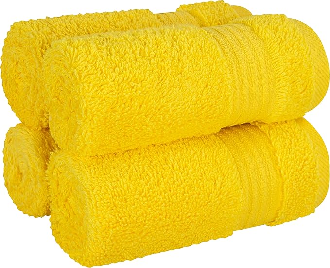 Cotton Paradise 100% Cotton Turkish Washcloth Set for Bathroom, 4 Piece Soft Absorbent Small Towels Wash Rags, Yellow