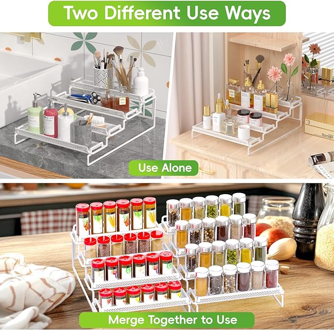 4 Tier Adjustable Spice Rack Organizer for Cabinet - White (2 PCS S&L) Expandable Spice Shelf with Protection Railing for Inside Cabinets, Countertop, Pantry Storage & Seasoning Organization